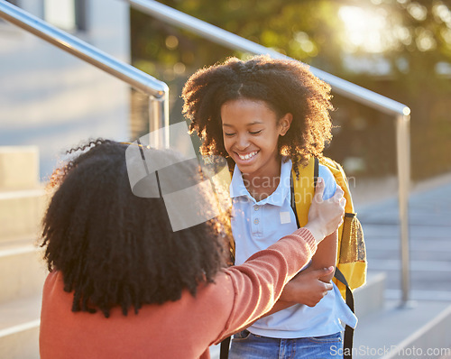 Image of School, education and mom with girl in the morning for back to school, learning and child development. Black family, love and mother saying goodbye to child ready for primary school, lesson and class