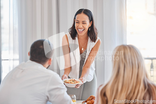 Image of Home, food and happy hosting woman serving guests lunch in Mexico home with cheerful smile. Happiness, wellness and girl hostess holding health couscous salad at friends house gathering.