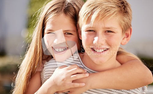 Image of Girl, boy and portrait in family, smile and happy siblings in home backyard, garden and hug together. Kids, brother and sister with love, bonding and care in summer sunshine, outdoor and happiness