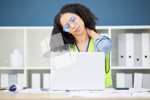 Image of Stress, neck pain and black woman architect and engineer employee with office computer. Working, burnout and laptop work of engineering worker with technology frustrated about architecture company