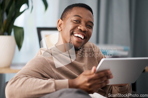 Image of Black man, tablet and portrait smile for entertainment, movie streaming or fast speed connection at home. Happy African American male smiling in satisfaction holding touchscreen for wifi connectivity