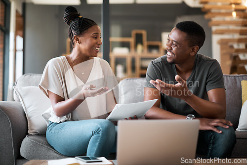 Image of Black couple, tax paperwork and bills together on sofa of living room at home with laptop, financial documents and planning savings. Family finances, organizing budget and paying debt online with pc