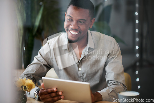 Image of Black man, tablet and happy at coffee shop for social media marketing, communication app or web. Man, cafe and mobile technology for social network, planning schedule or internet research at table