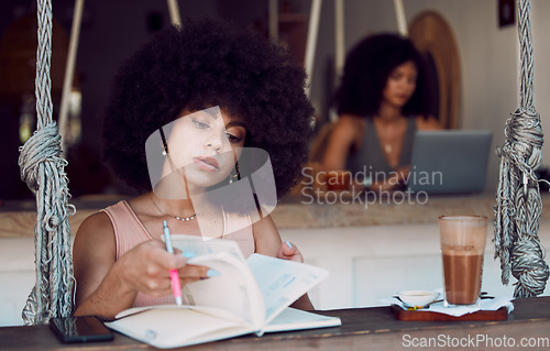 Image of Books, writing and black woman relax at cafe, reading journal and working. Freelancer, remote worker and young female in coffee shop with cappuccino or espresso and notebook for journalism ideas.