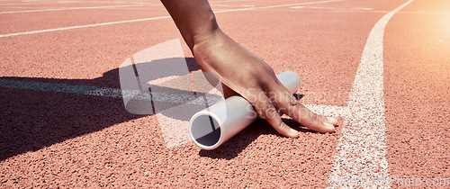 Image of Stadium start track, athlete hands and relay ready for runner competition, sports race and fitness exercise. Marathon training, asphalt wellness workout and woman hand with baton for running match