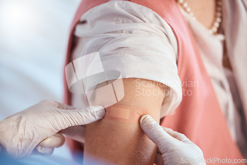 Image of Covid vaccine, plaster and doctor with patient for healthcare consultation injection, hospital care and medical virus treatment. Covid 19 booster shot, band aid and clinic for coronavirus immunity