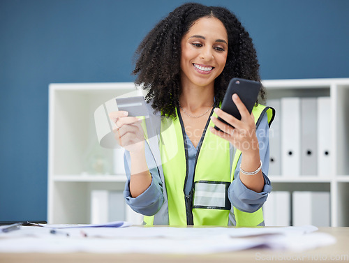 Image of Credit card, phone and construction worker woman with online shopping app for logistics, supplier or hardware stock market. Mobile app, architecture and engineer on smartphone for e commerce website