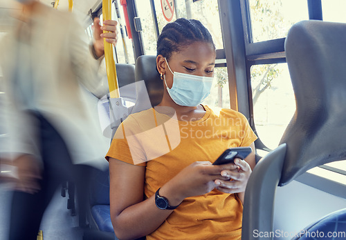 Image of Bus travel, covid and black woman, smartphone and social media, reading notification and 5g online mobile tech on transportation. Young girl, face mask and corona virus safety with cellphone on metro