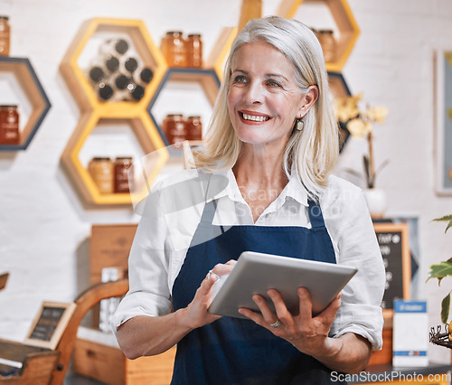 Image of Small business owner, tablet and woman with sustainable, eco friendly and honey shop with recycle glass and e commerce marketing strategy idea. Online shop, website planning and food store manager