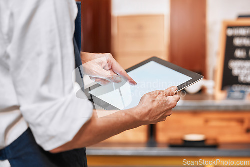 Image of Store, manager and hands on tablet mockup for business app inventory, communication or online update. Tech, internet and professional shop management man with blank advertising screen.