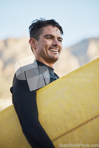 Image of Happy surfer, man carrying surfboard and board for surfing sport on ocean waves for fitness workout, summer wellness surf and water training exercise. Beach freedom, sea wetsuit and surf in Australia