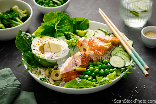 Image of Salmon avocado bowl with broccoli, green peas, rice and fresh salad. Healthy food, top view