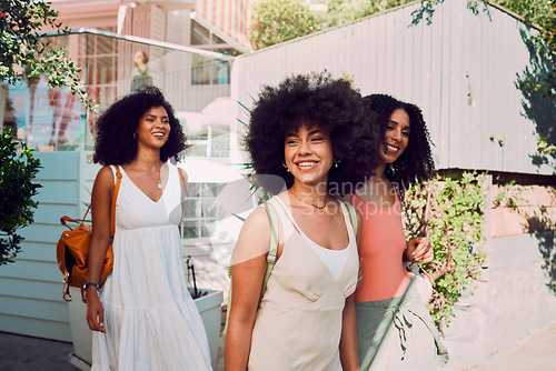 Image of Travel, friends and black woman in summer walking by the countryside or neighborhood with outdoor fashion, wellness and youth lifestyle. Happy gen z, women or group of people with adventure and smile