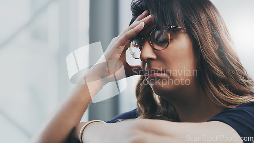 Image of Depression, anxiety and woman with headache from stress, problem or fear, tired and sad on mockup background. Frustrated, unhappy and girl with migraine feel lonely, loser and mental health problem