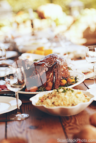 Image of Thanksgiving, table and food with turkey, chicken or poultry for festive holiday meal by blurred background. Fine dining, celebration or backyard party with healthy poultry at feast, dinner or lunch
