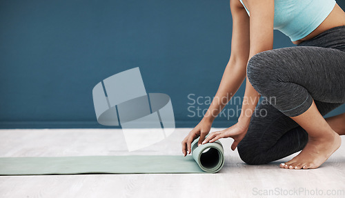 Image of Yoga, mat and woman in fitness studio mockup for wellness marketing, advertising and brand with legs zoom. blue walll background, pilates and cardio sports with copy space, floor and exercise girl