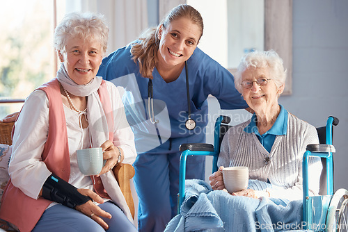 Image of Nursing home, portrait and nurse with senior women after a healthcare checkup, exam or consultation. Happy, medical and caregiver or doctor standing with elderly friends in the retirement facility.