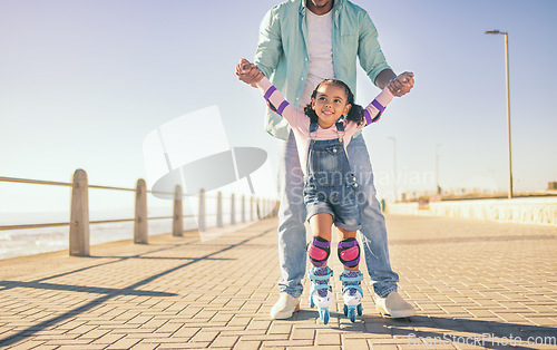 Image of Girl, dad and park for skating, learning and hands to hold for balance, care and safety on concrete. Father, child and roller skates with teaching in urban, ocean promenade or walk in summer sunshine
