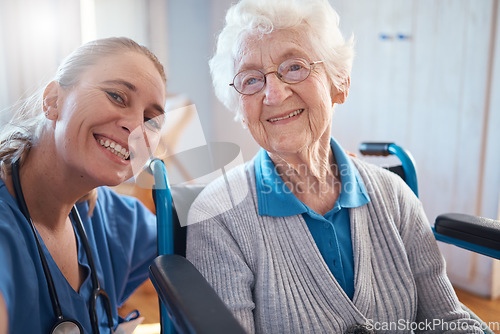 Image of Nurse, portrait smile and medical for elderly care, retirement home or visit from doctor for appointment or checkup. Happy senior woman smiling with healthcare professional for therapy exam at clinic