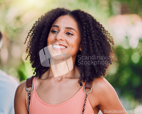 Image of Black woman, afro and sightseeing in city travel location, summer holiday destination or Rio de Janeiro vacation . Smile, happy or fashion student, tourist or traveler with cool, style or funky hair