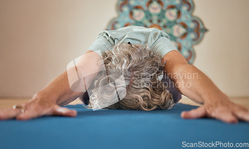 Image of Senior woman, yoga stretching and floor in gym exercise, workout or fitness training routine. Elderly yogi, studio and balance for wellness, health or zen mindfulness for healthy spiritual mindset