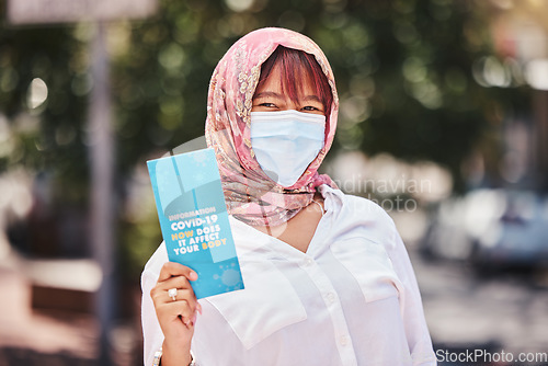 Image of Portrait of muslim woman, covid and a vaccine promotion for pandemic safety, covid 19 information and face mask with islam hijab. Corona virus compliance, healthcare support and health wellness info