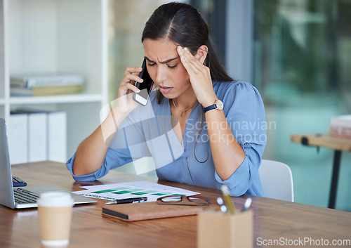 Image of Phone call, stress or business woman with documents for headache, depression or audit anxiety, chart or marketing research. Corporate, laptop or employee with smartphone with insurance finance loss