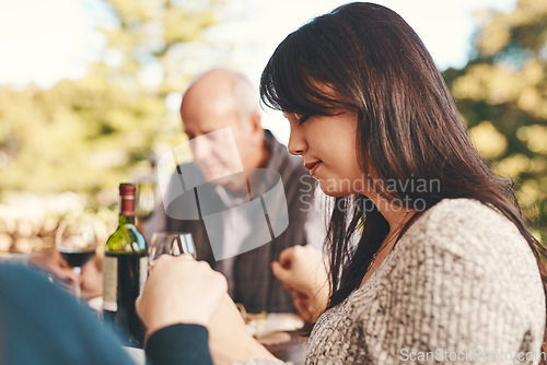 Image of People, prayer before eating food for bonding, content for lunch and outdoor. Religious gesture, group and holding hands for brunch, family gathering or quality time for break, calm or peaceful