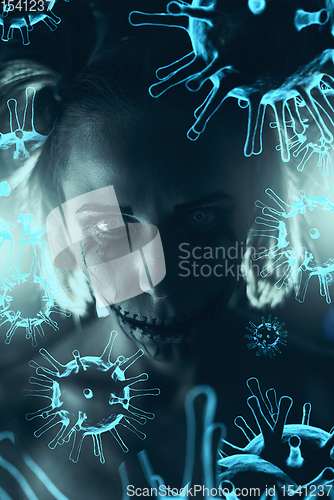 Image of Horrible portrait of a sick woman on coronavirus background