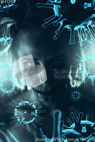 Image of Horrible portrait of a sick woman on coronavirus background