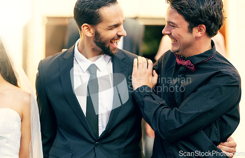 Image of Wedding, groom and friends with a best man and male on a marriage day for a celebration event. Happy, laugh and tradition with a bridegroom and groomsman celebrating him getting married at a church