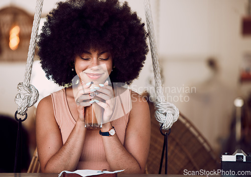 Image of Black woman, coffee and relax at cafe with smell of drink or tea for self care, mental health or calm break. Happy african woman, latte or iced coffee with smile, peace or happiness in coffee shop