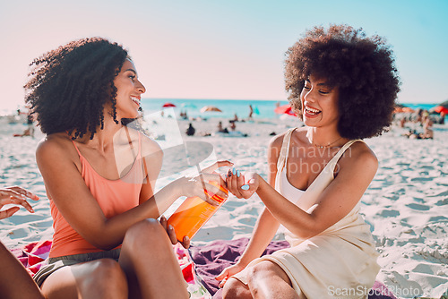 Image of Sunscreen, beach and black woman friends with skincare for summer sunshine, outdoor wellness or holiday on sea sand. Relax, product bottle and sunblock for young women or people by ocean together
