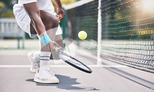Image of Tennis, fitness and black man hands in an outdoor sports court game doing training and workout. Wellness exercise and cardio energy of an athlete on a tennis court in a professional competition