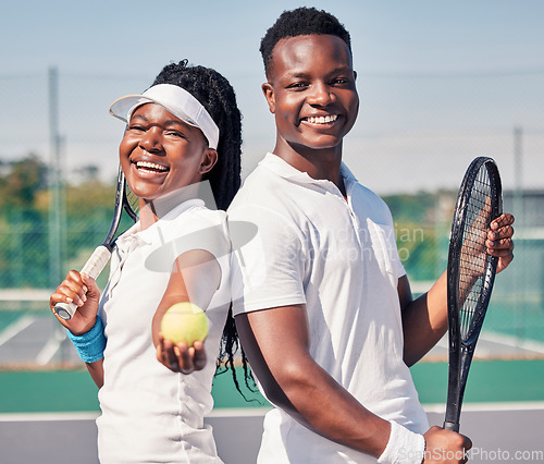 Image of Tennis, fitness and portrait of couple with smile standing on court in summer for friendly match. Sports exercise, happy friendship and teamwork, healthy black woman and young man at fun doubles game