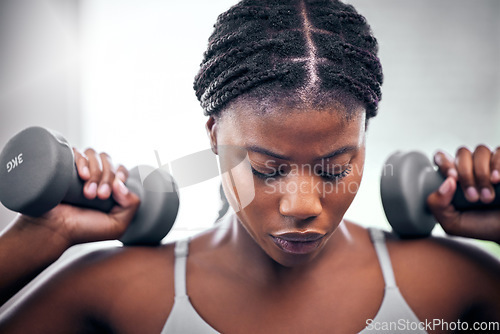 Image of Black woman, weightlifting dumbbells and gym with focus, strong body or muscle for health, wellness and fitness. African bodybuilder, woman and workout for exercise, weight training and power in club