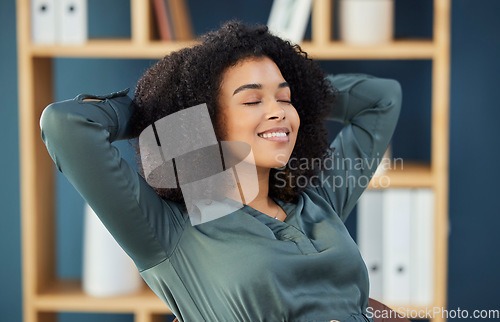 Image of Peace, relax and black woman in office happy taking.break from attorney work for mental health. Calm, health and wellness of lawyer in workplace with joyful smile stretching and resting mind.