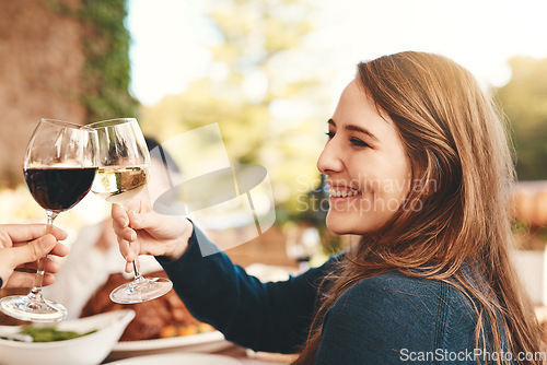 Image of Wine toast, glasses and celebration dinner party with a woman happy about holiday event. Food, happiness and christmas lunch of female cheers with alcohol drink to celebrate gratitude outdoor