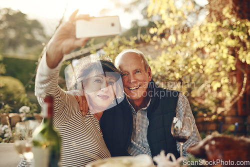 Image of Senior couple, bonding and phone selfie on vineyard holiday, wine farm vacation or retirement break on countryside estate. Smile, hug and happy elderly man and woman on mobile photography technology