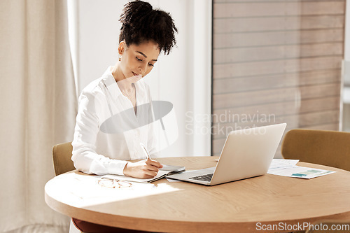 Image of Woman writing in notebook, laptop on table and home office of accountant, auditor or financial advisor. Finance report, strategy and budget planning, black woman doing research on tax audit documents