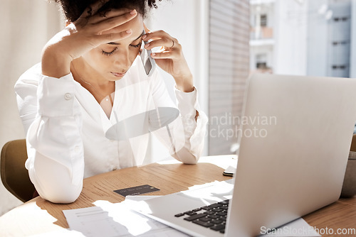 Image of Credit card, phone call and black woman frustrated for debt, bills or desk with laptop. African American lady, upset female or smartphone for connection, communication stress or talking payment query