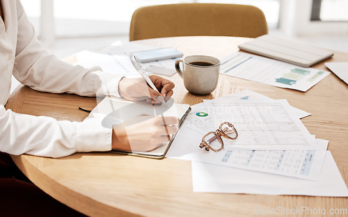 Image of Budget, planning and woman writing in notebook at table with finance or tax documents. Savings, mortgage or financial investment, businesswoman working on payment plan for home accounting and fintech