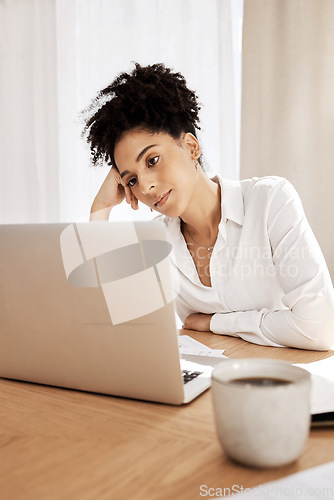 Image of Business woman, depression and laptop with anxiety, mental health and stress for online report in home office. Black woman, frustrated, bored or burnout of work, personal life or bad news on email