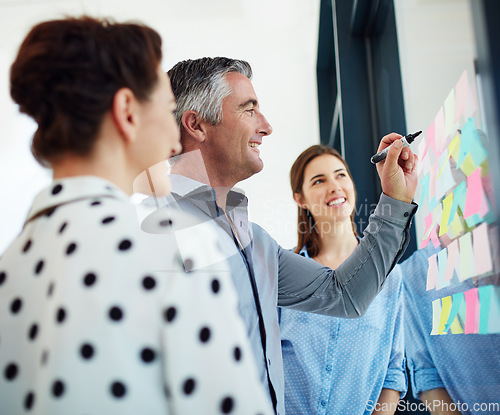 Image of Business people, brainstorming and sticky notes for planning, strategy or teamwork at the office. Happy creative employee workers in team meeting collaboration, post it and schedule or project plan