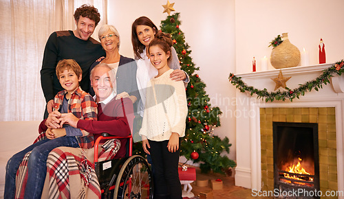 Image of Portrait, Christmas and family celebrate holiday together, grandparents, parents and child smile in family home. Christmas tree, fireplace and generations, love and tradition with happy family.