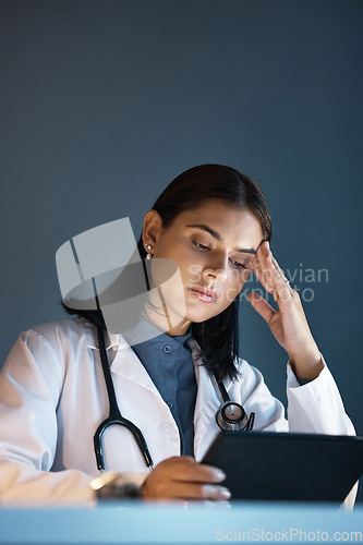 Image of Doctor, stress and anxiety with tablet for medical research, problem and frustrated while thinking on difficult surgery in hospital. Healthcare expert, headache and digital technology with burnout