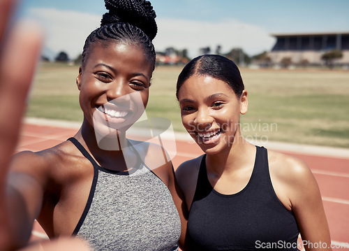 Image of Friends, selfie and running with women on stadium track for training, sprinting and stamina endurance. Cardio, workout and sports with portrait of runner for teamwork, collaboration and sprinting