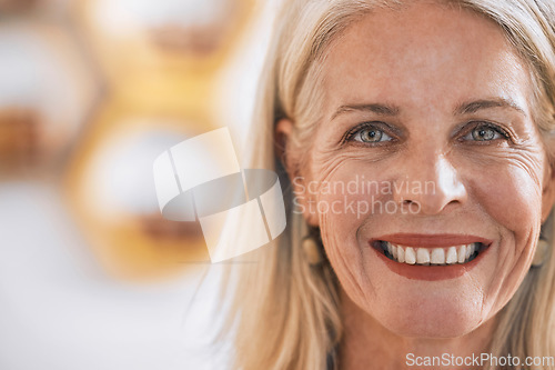 Image of Senior, business woman and face portrait of a manager happy about company vision and mockup. Office leader, smile and elderly mentor smile about corporate boss success, management and leadership