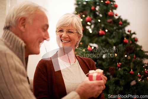 Image of Senior couple, giving gift and together for Christmas holiday celebration at home with a smile, happiness and kindness. Surprise, celebrate and tree with man and woman holding a present and gift box