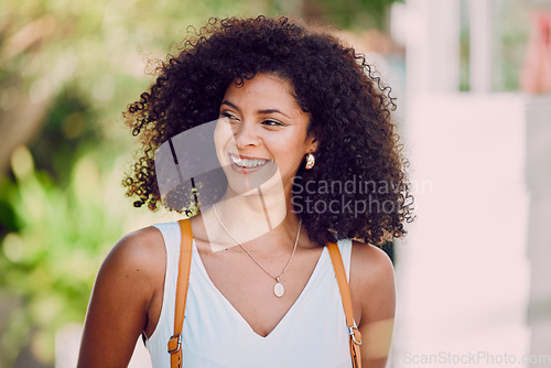 Image of Woman, smile and happy with backpack for travel, holiday or walking in small town in Mexico. Female, bag and attractive happiness on face as tourist walk in city, afro or happiness and vacation